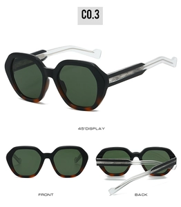 Three angles of geometric sunglasses with tortoise frames and silver wave metal temple detail