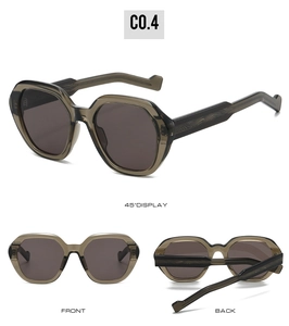 Detailed views of polygon sunglasses featuring translucent brown frames and grey lenses