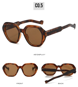Detailed views of tortoiseshell geometric sunglasses with brown lenses from multiple angles