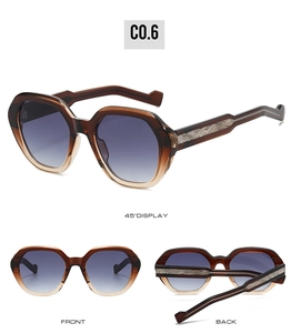 Polygonal sunglasses showing 45-degree angle, front and back views with metal temple details