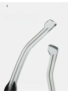 Detail of transparent eyewear temples with silver metal core and ergonomic curved design