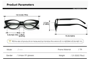Detailed sizing chart for cat-eye glasses frame with precise dimensions and TR material