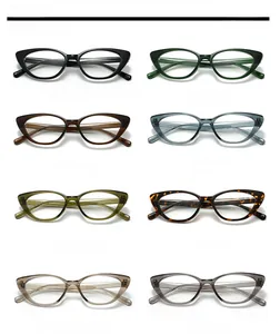 Detailed flat lay of cat-eye glasses frames in eight different stylish acetate colors