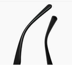 Detailed close-up of sleek black polished glasses arms with ergonomic curved temple tips