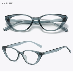 Detailed front and side views of translucent blue cat-eye frames with lens specs
