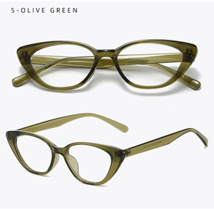 Detailed view of olive green cat-eye glasses frames with a translucent resin finish