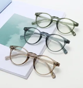 Detail of vintage round TR90 frames in green, blue, and tea colors on a magazine