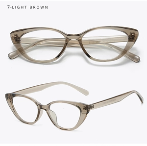Detailed front and side views of light brown cat-eye eyeglass frames with clear finish