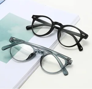 Detail view of retro TR90 round glasses frames in black and transparent grey colors.
