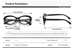 Detailed technical dimensions of cat eye glasses frame with gold heart metal temple accents