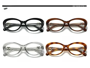 Detailed close-up of cat-eye eyewear frames in black, brown, grey, and tortoiseshell colors