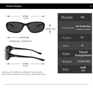 Size chart showing 144mm width and dimensions for Y2K sport fashion sunglasses