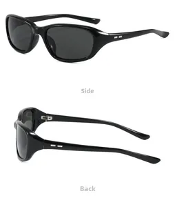 Detail view of black Y2K sports sunglasses showing silver metal side accents and frame