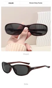 Detail view of Y2K oval sports sunglasses in brown frame with gray lenses