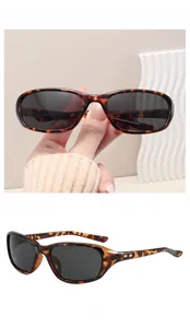 Detail view of leopard print Y2K sports sunglasses with dark gray lenses in two angles
