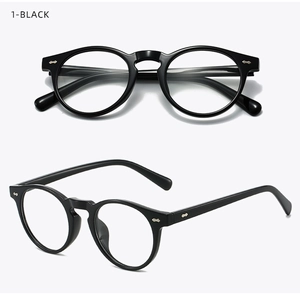 Top and side view of classic black round TR90 eyeglasses with silver diamond rivets