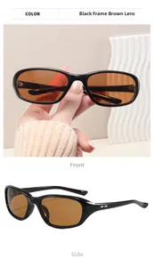 Macro view of retro Y2K sports sunglasses featuring black frames and brown tinted lenses