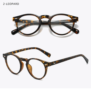 Macro detail of retro round leopard print TR90 frames with silver rivet accents
