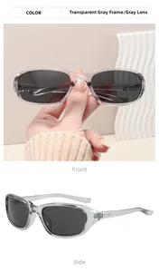 Detailed side and front view of transparent gray Y2K wrap-around sporty sunglasses