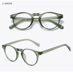 Detail view of transparent green TR90 round frames showing size specs on temple