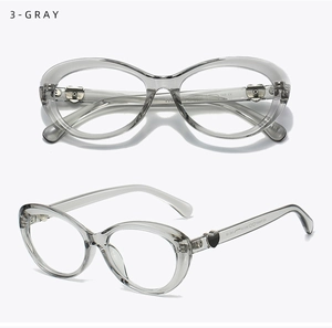 Detail view of translucent gray cat-eye glasses frame with heart-shaped hinge accent