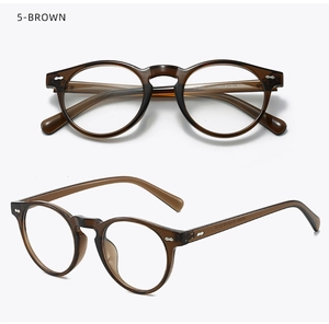 Detailed top and side views of brown round TR90 glasses frames with metal rivets