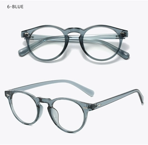 Detail of vintage round TR90 eyeglasses frame in translucent blue-grey color