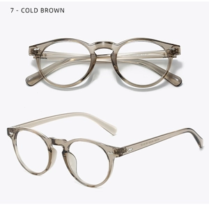 Detail view of vintage round TR90 glasses frame in cold brown with metal hinges