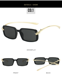 Vue détaillée des lunettes de soleil carrées noires avec branches métalliques torsadées