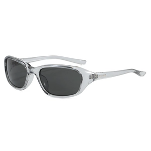 Modern Y2K sporty sunglasses with transparent grey frames and dark tinted lenses