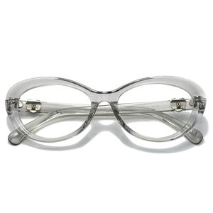 Cat eye transparent grey glasses frame with metal reinforcement and heart hinge detail