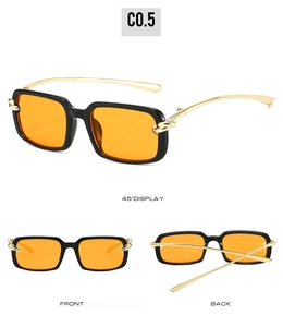 Trois vues de lunettes de soleil carrées rétro avec verres orange et branches nouées