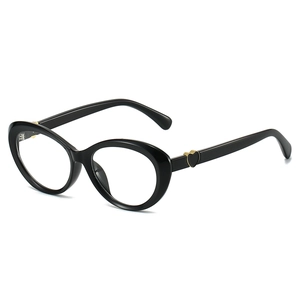 Classic black cat-eye eyeglass frame with gold heart detail and clear anti-blue light lenses