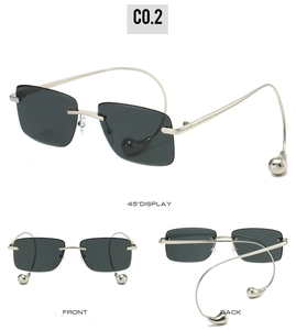 Drei-Ansichten-Set randloser Rechteck-Sonnenbrille mit silbernen Bügeln und Perlenakzenten