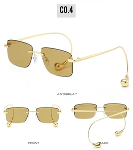 Drei-Wege-Ansicht einer randlosen quadratischen Sonnenbrille mit braunen Gläsern