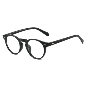 Classic black TR90 round frame eyeglasses with vintage rivets and clear lenses on white background