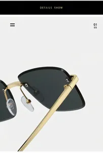 Detail von Goldmetallscharnier, Nasenpads und Rahmen der randlosen Sonnenbrille