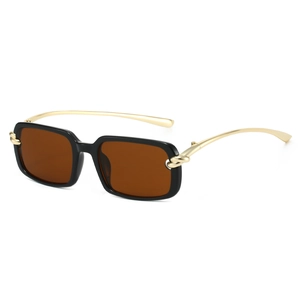 Lunettes de soleil carrées noires rétro avec branches métalliques à nœud doré