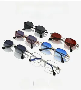 Detail of six octagonal metal frame sunglasses with various gradient lens colors