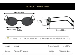 Size guide for metal sunglasses showing frame width lens height and unisex specifications