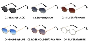 Polygonal metal sunglasses displayed in a six-color SKU matrix with polarized lenses
