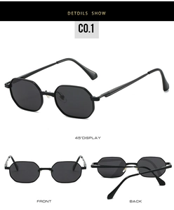 Three perspectives of black polygon polarized sunglasses with high-quality metal frames