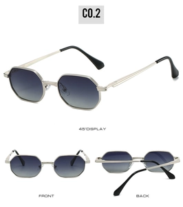 Detailed views of silver metal octagonal sunglasses with grey gradient lenses and slim temples