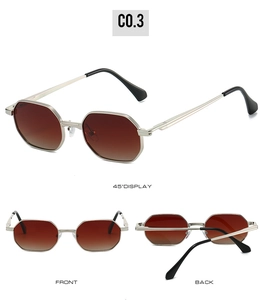 Three-angle view of silver octagonal sunglasses with gradient brown lenses and metal frame