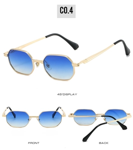 Three-view display of metallic polygonal sunglasses with gold frames and blue gradient lenses
