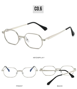 Detailed views of silver hexagonal metal sunglasses with black eartips and clear lenses