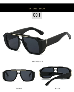 Détails de lunettes rétro avec double pont, barre en métal doré et monture noire