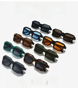 Flat lay of square sunglasses in seven colors including black and tortoise shell