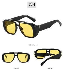 Trois vues de lunettes de soleil carrées noires avec verres jaunes et détails dorés