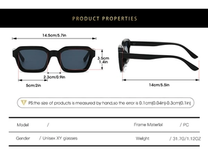 Detailed technical diagram of rectangular sunglasses showing precise frame measurements